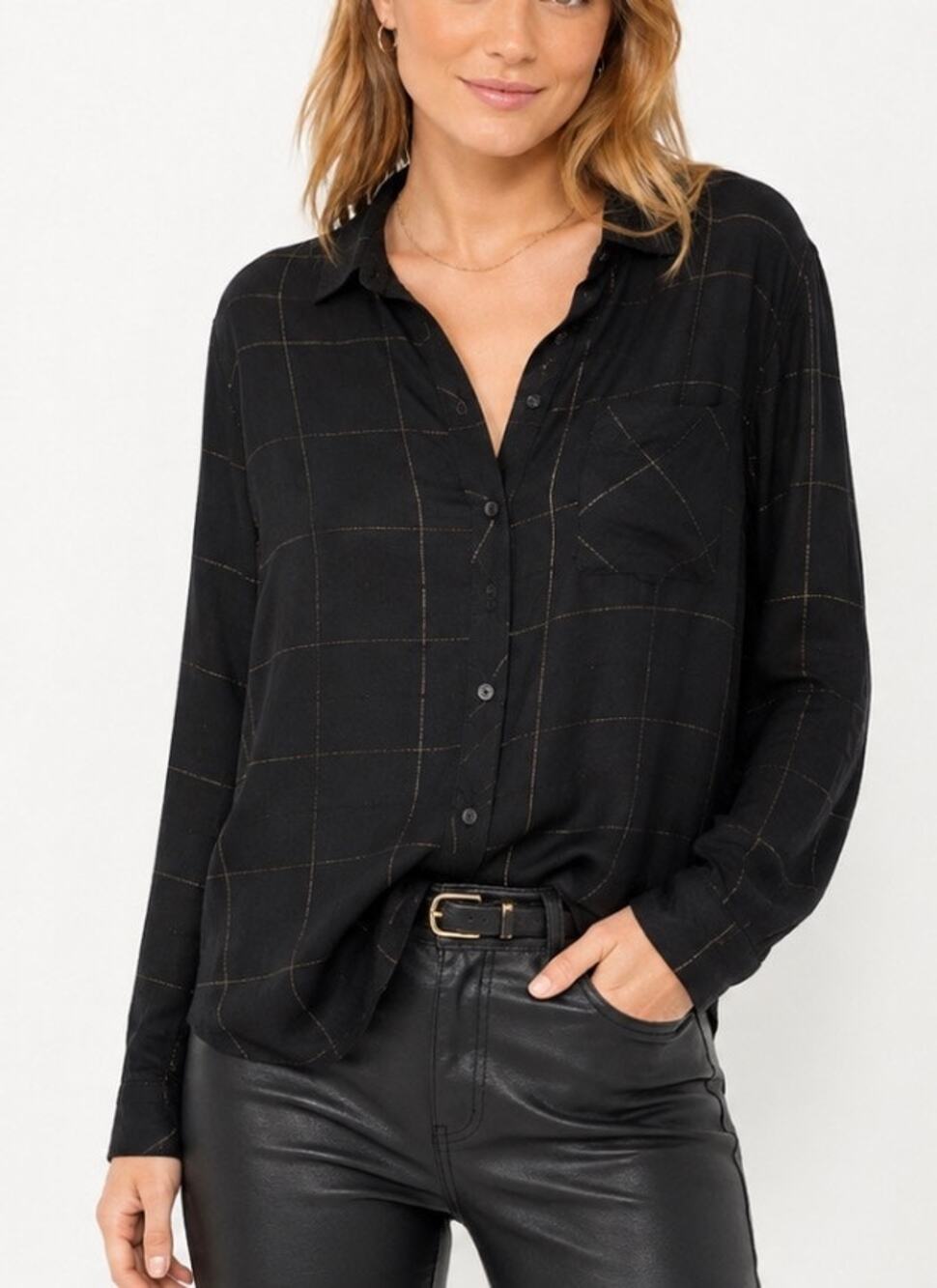 Rails Hunter Ebony Tinsel Metallic Windowpane Button Down Shirt Black Gold S NWT